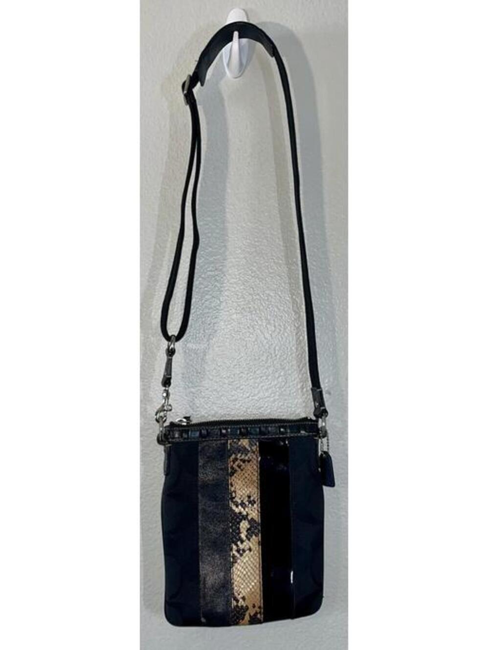 COACH Swingpack Hamptons ~ Signature Stripe Python Trimmed 10266 Black Canvas